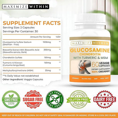 Glucosamine Chondroitin with Turmeric & MSM – Mobility & Flexibility Support – 60 Veggie Capsules