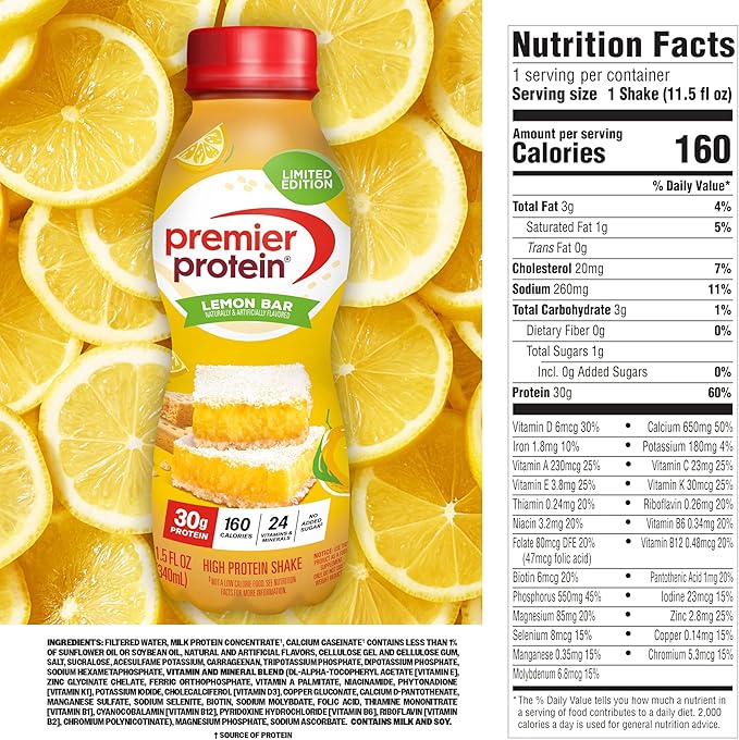 Premier Protein Shake, LIMITED EDITION Lemon Bar, 30g Protein, No Added Sugar, 24 Vitamins & Minerals to Support Immune Health, 11.5 fl oz, 12 Pack
