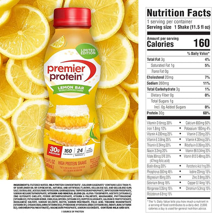 Premier Protein Shake,Limited Edition,Lemon Bar,30g Protein,1g Sugar,24 Vitamins & Minerals,11.5 oz,(Pack of 24)