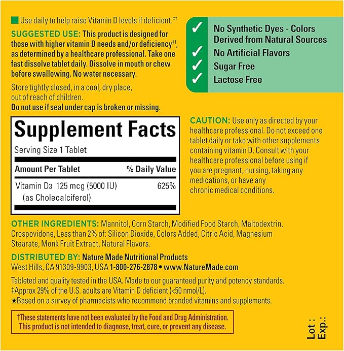 Nature Made Vitamin D3 5000 IU (125 mcg) Extra Strength, Vitamin D Supplement for Immune Support, 70 Sugar Free Fast Dissolve Tablets, 70 Day Supply, (Pack of 2)
