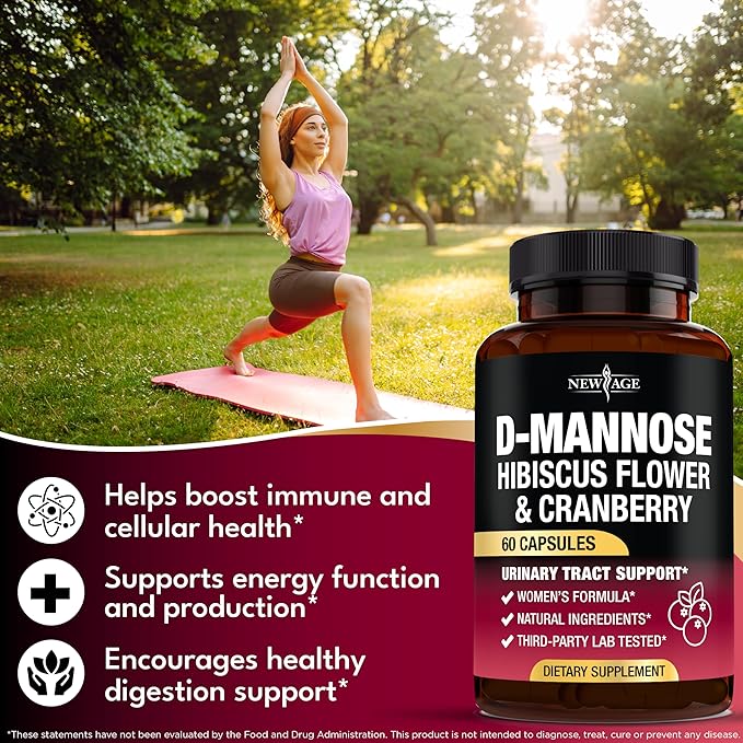 NEW AGE D-Mannose with Cranberry & Hibiscus - High Strength for Urinary Tract Health - Supplement for Women - Bladder, Liver & Microflora Support - Made in USA - Vegan, 60 Capsules