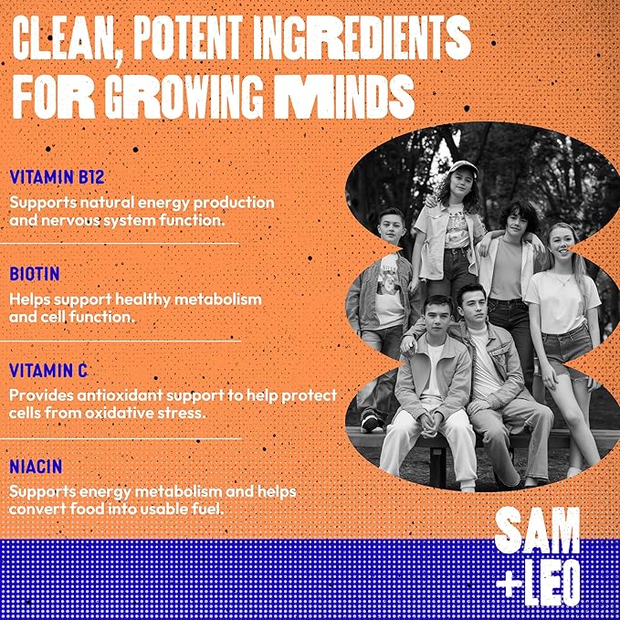 SAM+LEO Vitamin B Complex Gummies with Biotin for Kids & Teens - Caffeine-Free Focus & Energy Support Supplement Gummies | Vegan & Gluten Free Supplement - Strawberry Flavor (60 Count)