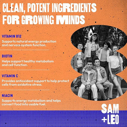 SAM+LEO Vitamin B Complex Gummies with Biotin for Kids & Teens - Caffeine-Free Focus & Energy Support Supplement Gummies | Vegan & Gluten Free Supplement - Strawberry Flavor (60 Count)