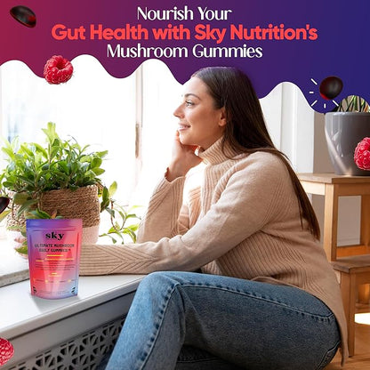 Mushroom Gummies - 10-in-1 Adaptogenic Mushroom Supplement for Adults - Lions Mane, Reishi, Cordyceps, Chaga, Turkey Tail - Raspberry Flavored Vegan Gummies for Focus & Energy - 60 Ct.