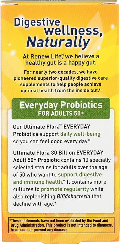 Renew Life Probiotic Adult 50 Plus Probiotic Capsules, Daily Supplement Supports Urinary, Digestive and Immune Health, L. Rhamnosus GG, Dairy, Soy and gluten-free, 30 Billion CFU, 30 Count