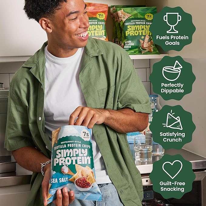 Simply Protein - Zesty Tortilla Chips, Restaurant Style Protein Chips, Fiesta Taco (3-Pack) -7g Protein, 140 Calories, Gluten Free, Vegan -Crispy Plant Based Pea Protein Snacks -3 Bags, 4.58oz (130g)