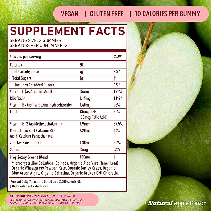 8Greens Supergreens Gummies | Super Greens Powder Superfood Gummy for Metabolism, Immunity & Focus, Digestive Health Enzymes, Organic: Chlorella, Spirulina, Aloe Vera, Apple Flavor, 50 Count