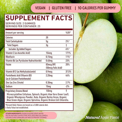8Greens Supergreens Gummies | Super Greens Powder Superfood Gummy for Metabolism, Immunity & Focus, Digestive Health Enzymes, Organic: Chlorella, Spirulina, Aloe Vera, Apple Flavor, 50 Count