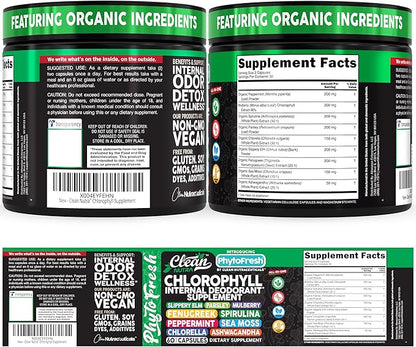 Clean Nutra Chlorophyll Capsules Supplement Internal Deodorant Peppermint, Sea Moss, Parsley, Chlorella, Spirulina, Slippery Elm, Ashwagandha, PhytoFresh Greens Detox Pills