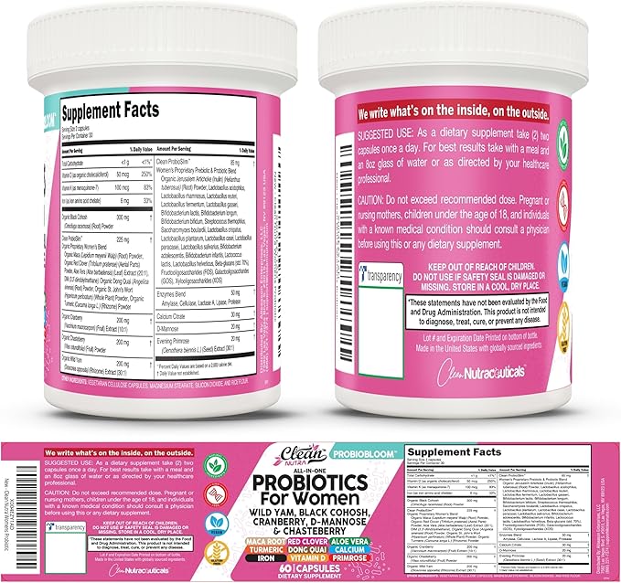 Clean Nutraceuticals Probiotics for Women with D Mannose, Cranberry Extract, Wild Yam, Chasteberry - 20 Probiotic and Prebiotic Strains - PH Balance, Womens Probiotic for Digestive Health - 60 Count