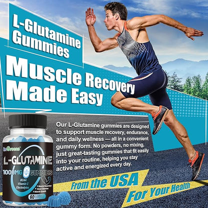 L-Glutamine Gummies 1000mg with BCAA, Potassium, Magnesium & Vitamin C, Muscle Recovery, Endurance Support & Daily Nutrition, Portable Supplement for Men＆Women, Lime Grapefruit Flavor, 60 Count
