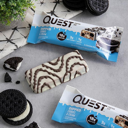 Quest Nutrition Dipped Cookies & Cream Protein Bars, High Protein, Low Carb, Gluten Free, Keto Friendly, 4 Count