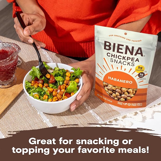 BIENA Chickpea Snacks - Crunchy Roasted Chickpeas - High Fiber Vegan Protein Snacks for Adults and Kids - 4-Pack, 5 Ounce - Habanero