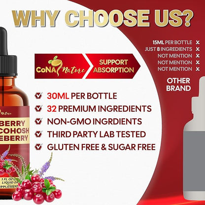 23in1 Cranberry Liquid Drops with, Vitamin D3, K2, C, E, Cranberry, Black Cohosh, Chasteberry, Wild Yam, D-Mannose, Probiotics, Maca & More to support health, Immunity - 30 Days Supply - 1FL Oz