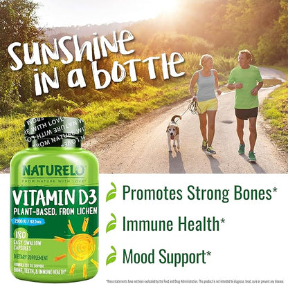 NATURELO Vitamin D - 2500 IU - Plant Based from Lichen - Natural D3 Supplement for Immune System, Bone Support, Joint Health - Vegan - Non-GMO - Gluten Free - 180 Capsules (Pack of 2)