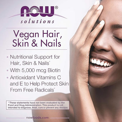 NOW Foods Solutions, Vegan Hair, Skin & Nails, Nutritional Support with 5,000 mcg Biotin, 90 Veg Capsules