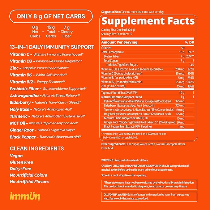Grüns Immun Immunity Gummies with Vitamin C, Zinc, MCT Oil, & Turmeric - Daily Immune Support Supplement for Adults - Sour Pineapple Flavor (10 Count)