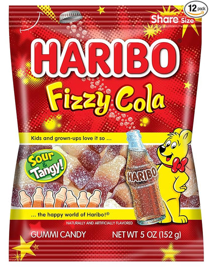 HARIBO Gummi Candy, Fizzy-Cola Gummy Candy Soda Bottles, 5 Ounce Share Size Bags (Pack of 12) Delicious Soft & Chewy Sweet Snacks, Sour & Tangy Cola Flavor