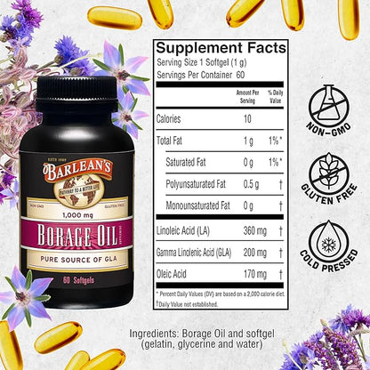 Barlean's Borage Oil Supplements, Cold Pressed Pure Borage Seed Oil Supplement Softgels for Men and Women, 1000 mg GLA Fatty Acids, 60 Count