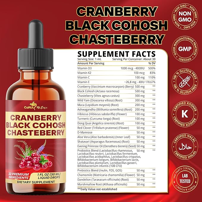 23in1 Cranberry Liquid Drops with, Vitamin D3, K2, C, E, Cranberry, Black Cohosh, Chasteberry, Wild Yam, D-Mannose, Probiotics, Maca & More to support health, Immunity - 30 Days Supply - 1FL Oz