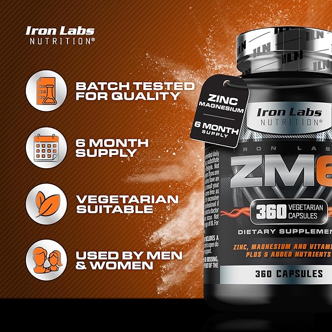 Iron Labs ZM6 - High Strength Zinc and Magnesium Supplement - 360 Vegetarian Capsules (6 Month Supply) - Super Enhanced Zinc Magnesium Aspartate and B6 Complex