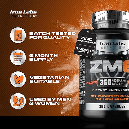 Iron Labs ZM6 - High Strength Zinc and Magnesium Supplement - 360 Vegetarian Capsules (6 Month Supply) - Super Enhanced Zinc Magnesium Aspartate and B6 Complex