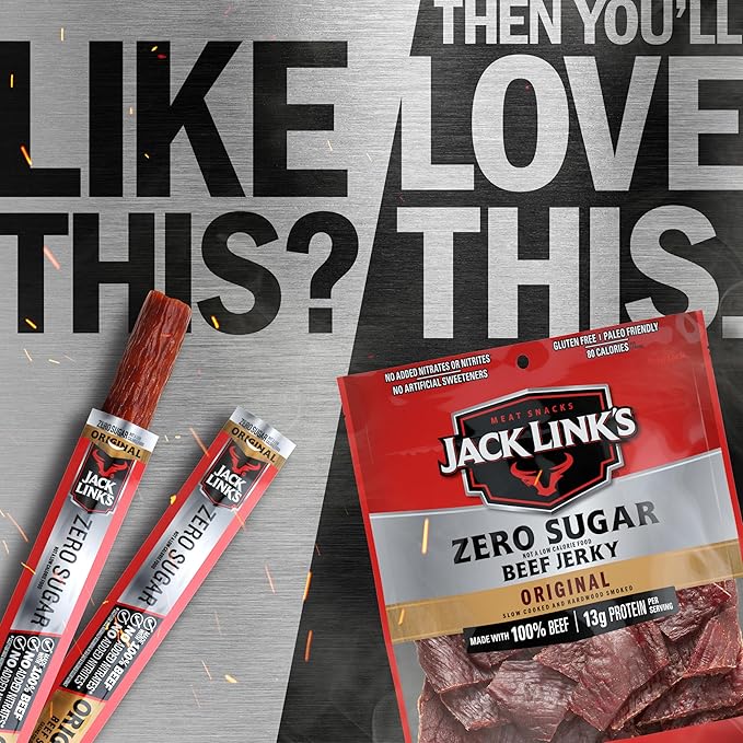 Jack Link's Original Zero Sugar Beef Sticks - 0.92 oz Meat Sticks - Ready to Eat Protein Snacks - 5g Protein per Serving - Made with 100% Real Beef,(Pack of 40)