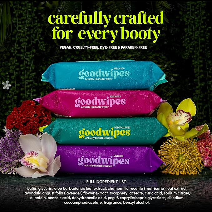 goodwipes Flushable Butt Wipes - Vitamin E & Aloe - Sewer & Septic Safe - Extra Large Adult Wet Wipes For Women & Men - Bathroom Essentials - Botanical Bliss, 318 Count (6 Packs + 1 Travel)