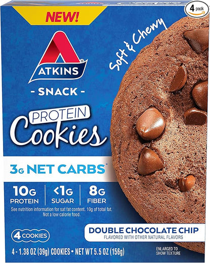 Atkins Double Chocolate Chip Protein Cookie, Protein Dessert, Rich in Fiber, 3g Net Carbs, 1g Sugar, Keto Friendly, 4 Count