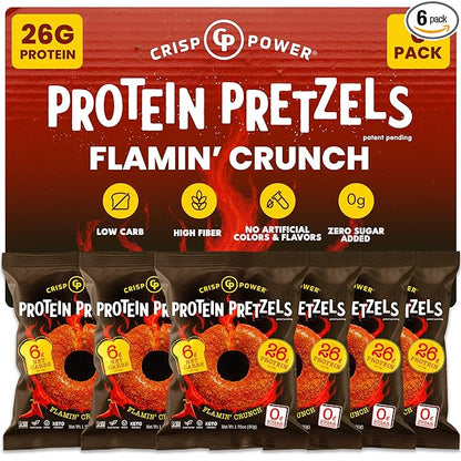 CRISP POWER Protein Pretzels, NEW Flamin' Crunch, 26G Protein, High Protein Snack, High Fiber, Low Carb Crunchy Pretzel Snacks, No Added Sugar, 1.75 oz Bags, 6 Pack, Vegan, Keto