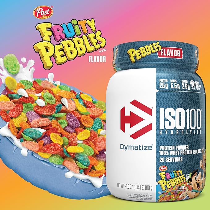 Dymatize x Fruity Pebbles ISO100 Whey Protein Powder Isolate, 25g of Protein, 5.5g BCAAs, 120 Cal., Gluten Free, 1g Fat, 1g Sugar, 2g Carb (75 Servings)