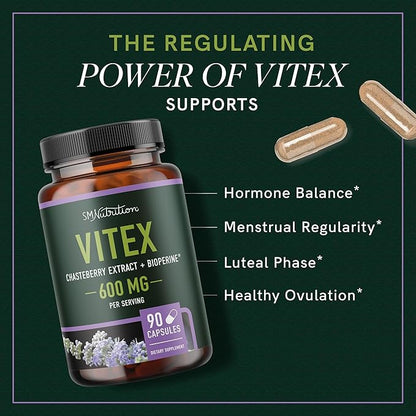 Vitex Chasteberry Supplement 600mg | Agnus Castus for Women's Hormone Balance, Menopause, Menstrual Regularity & Hormonal Acne* | Certified Gluten-Free, Vegetarian | 90 Capsules, 3-Month Supply