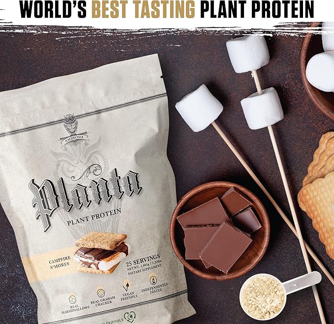 Ambrosia Planta - Plant-Based Protein Powder 20g | Dairy Free Vegan Protein Powder with BCAA Amino Acids | Keto-Friendly, No Added Sugar | 25 Servings | Campfire Smores