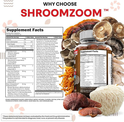 15in1 Mushroom Gummies with Lion's Mane Turkey Tail Cordyceps Reishi Chaga Sweet Toot Maitake Meshima Poria Cocos Shiitake Tremella, Oyster Agaricus Mushrooms for Men and Women Supplement Clean Nutra
