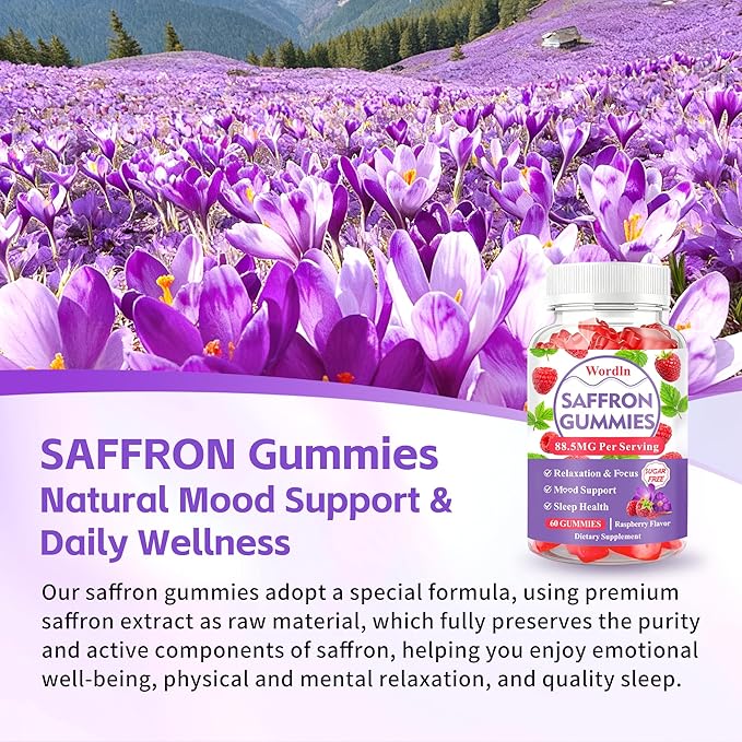 Saffron Gummies for Adults & Kids, Saffron Supplements with 88.5mg Saffron Extract, Ashwagandha, L-Theanine for Relaxation, Focus and Mood Support, Sugar Free, 60 Count