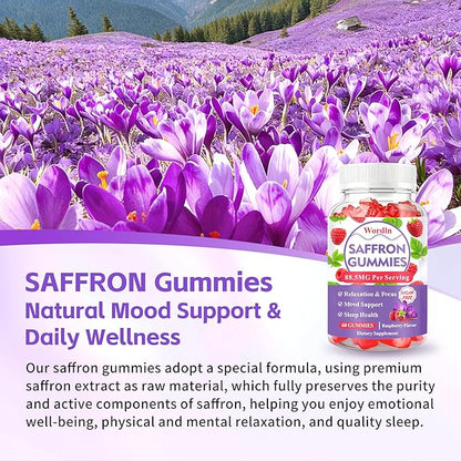Saffron Gummies for Adults & Kids, Saffron Supplements with 88.5mg Saffron Extract, Ashwagandha, L-Theanine for Relaxation, Focus and Mood Support, Sugar Free, 60 Count
