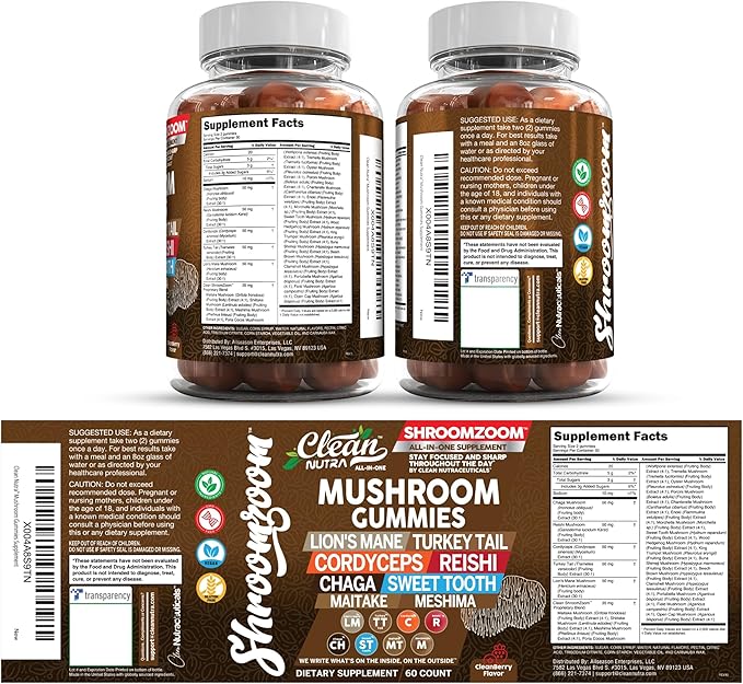 15in1 Mushroom Gummies with Lion's Mane Turkey Tail Cordyceps Reishi Chaga Sweet Toot Maitake Meshima Poria Cocos Shiitake Tremella, Oyster Agaricus Mushrooms for Men and Women Supplement Clean Nutra
