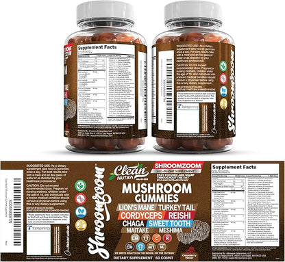 15in1 Mushroom Gummies with Lion's Mane Turkey Tail Cordyceps Reishi Chaga Sweet Toot Maitake Meshima Poria Cocos Shiitake Tremella, Oyster Agaricus Mushrooms for Men and Women Supplement Clean Nutra