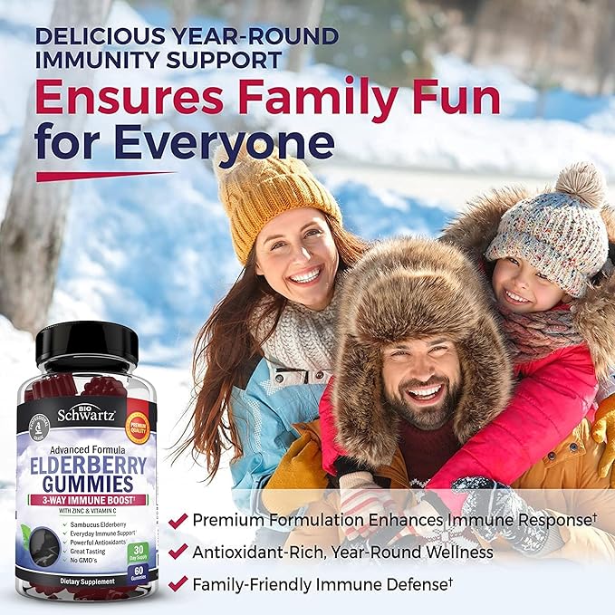 BioSchwartz Elderberry Gummies with Zinc and Vitamin C - Natural Immune Support for Adults & Kids - Black Sambucus Elderberries - Third-Party Tested, Non-GMO, Vegan Multimineral Supplement, 60 Count