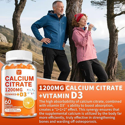 (3 Pack) Calcium Citrate 1200 mg with Vitamin D3 Gummies for Women & Men,Calcium Supplements,High Absorption for Bone Muscle Healthy - Easy to Digest, Sugar Free,Vegan,Orang Flavor,60 Day Supply