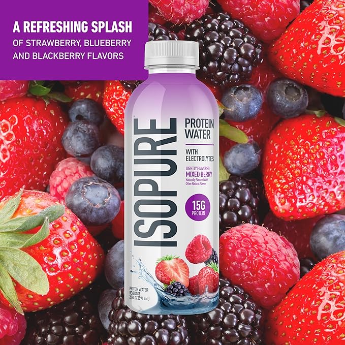 Isopure Clear Protein Water with Electrolytes, 15g Whey Protein Isolate, Zero Sugar, Mixed Berry, 20 fl oz Bottles, 12-Pack