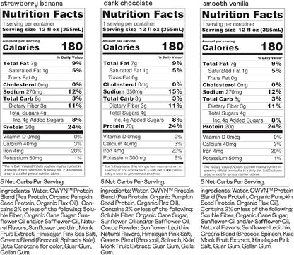 OWYN Only What You Need Protein Shake, 20g Vegan Protein, Ready to Drink, Dairy Free, Great Taste, 4g Sugar, 5g Net Carbs, Strawberry Banana Variety Pack, 12 Fl Oz (12 Pack)