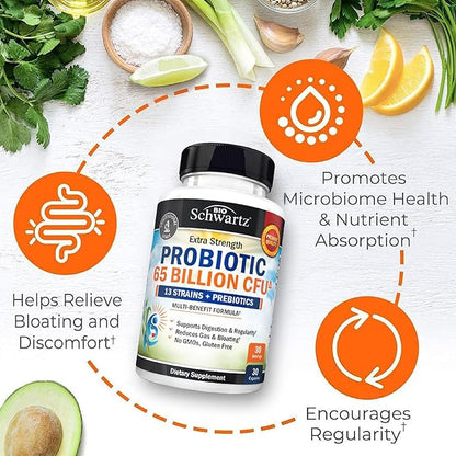 Probiotic 65 Billion - Probiotics with Prebiotic for Women & Men - Lactobacillus Acidophilus Digestive Health Capsules - Targeted Release Technology - Shelf Stable Supplement Non-GMO Dairy Free-30ct