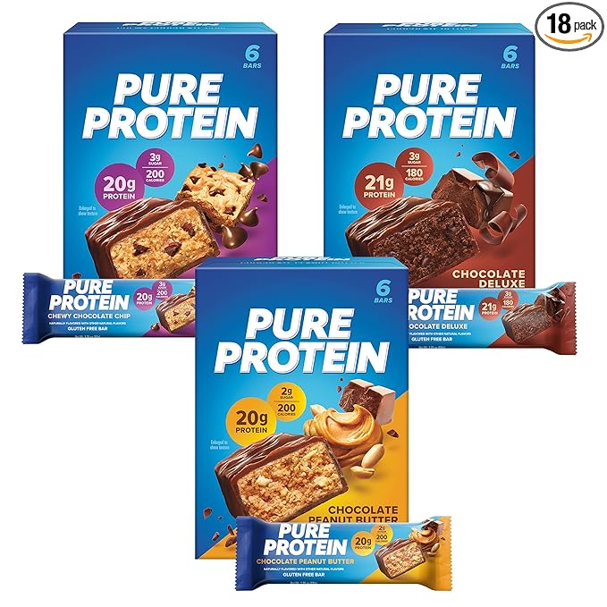 Pure Protein Bars, High Protein, Nutritious Snacks to Support Energy, Low Sugar, Gluten Free, Variety Pack, 1.76oz, 18 Pack