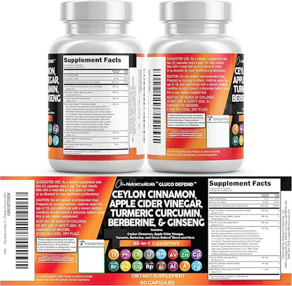 Clean Nutraceuticals Ceylon Cinnamon Capsules + Berberine Turmeric Apple Cider Vinegar Ginseng Bitter Melon Gymnema Milk Thistle Fenugreek Supplement Pills Powder for Men & Women