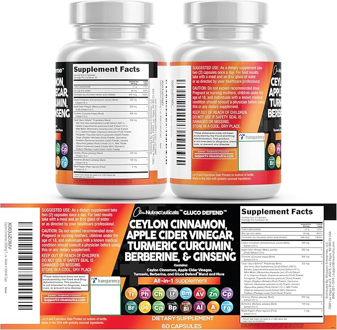 Clean Nutraceuticals Ceylon Cinnamon Capsules + Berberine Turmeric Apple Cider Vinegar Ginseng Bitter Melon Gymnema Milk Thistle Fenugreek Supplement (60 Count (Pack of 2))