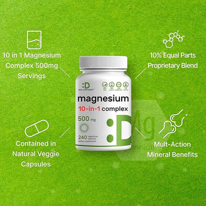 Magnesium Complex 500mg, 240 Veggie Capsules – 10-in-1 Glycinate, Citrate, Malate, Oxide, & More – 100% Chelated for Easy Absorption – Essential Mineral Supplement – Non-GMO