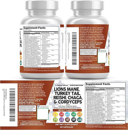 Clean Nutraceuticals Lions Mane 20in1 Mushroom Supplement with Turkey Tail Reishi Cordyceps Chaga Maitake Meshima Poria Cocos Shiitake Oyster Porcini Enoki - 1 Pack