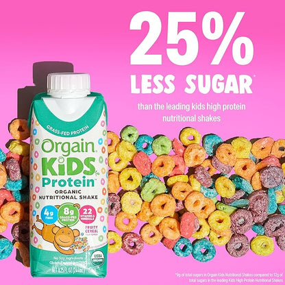 Orgain Organic Kids Nutritional Protein Shake, Fruity Cereal - Kids Snacks with 8g Dairy Protein, 22 Vitamins & Minerals, Fruits & Vegetables, Gluten Free, Soy Free, Non-GMO, 8.25 Fl Oz (Pack of 12)