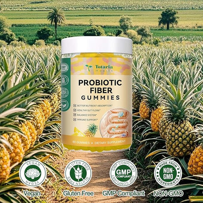 9-in-1 Probiotic Prebiotic Fiber Gummies for Adults & Teens, Fiber Supplement Pro with 5 Billion CFU Bacillus Coagulans, Psyllium Husk, FOS, Inulin, ACV for Digestion & Gut, 60 Vegan Pineapple Gummies
